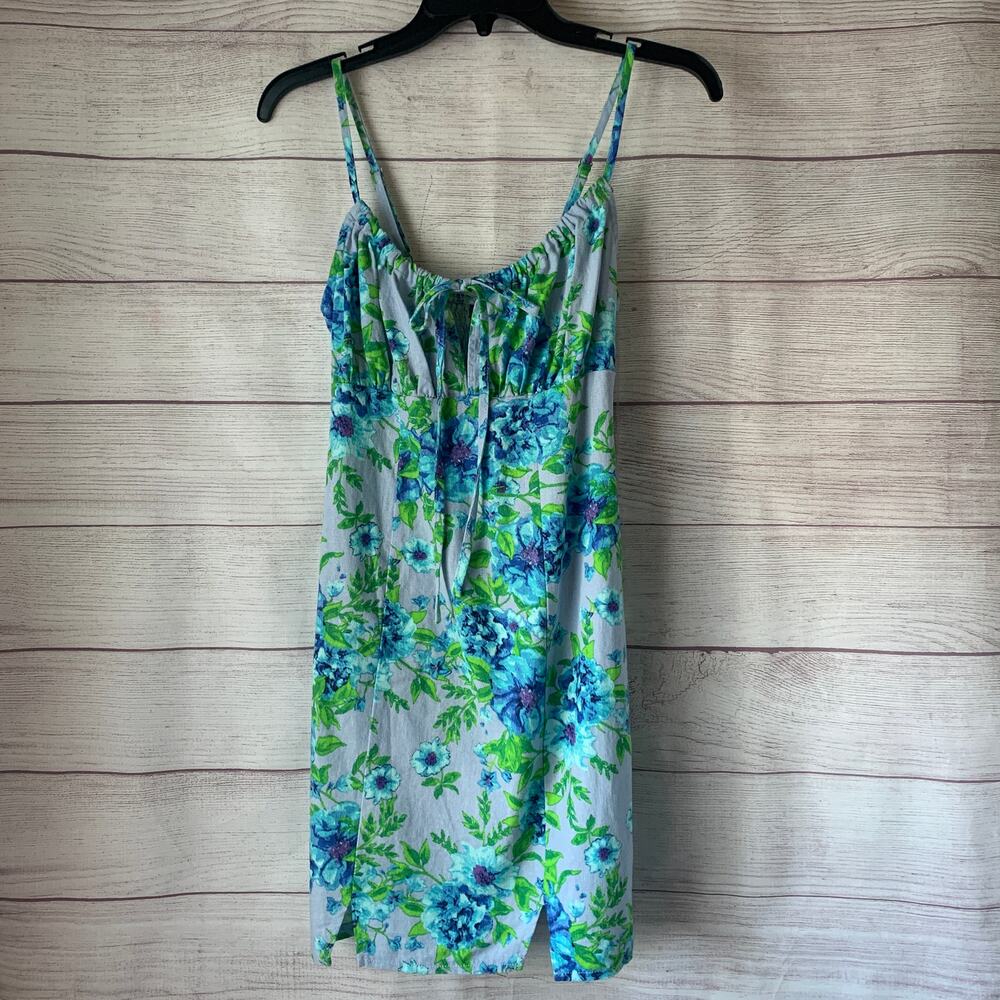 Wild Fable Blue Floral Tank Dress Front Tie Keyhole Spaghetti Straps Size XXS